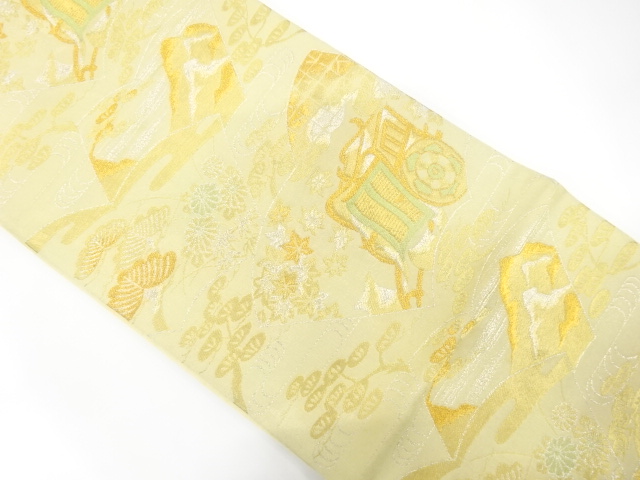 JAPANESE KIMONO / ANTIQUE FUKURO OBI / JIGAMI & CARRIAGE & FLOWERS